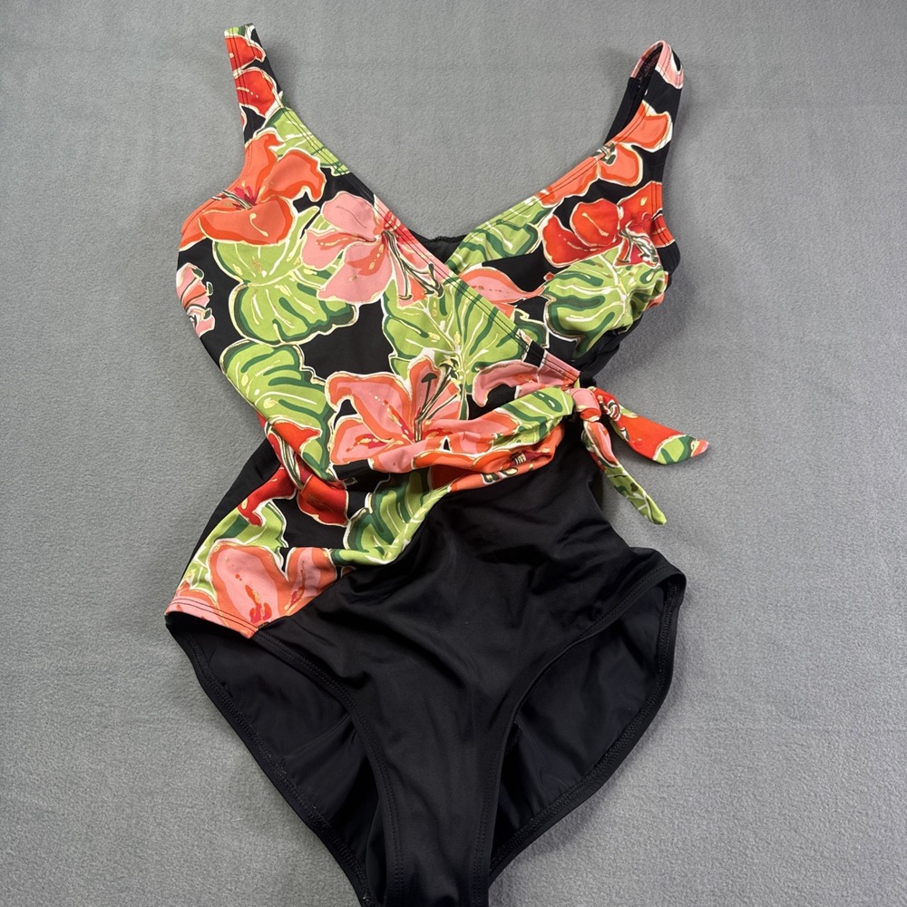 ROXANNE 1pc Swimsuit bra sized 12 36DD Faux Wrap Tropical Floral Resort